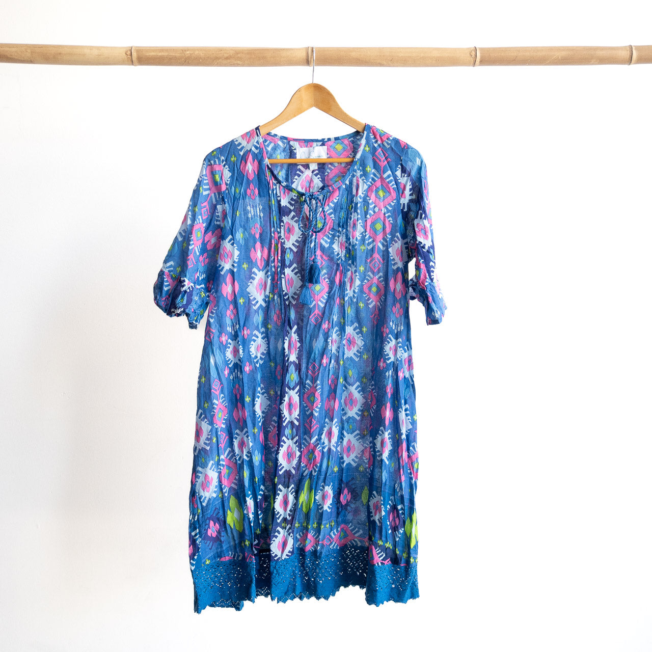 Cotton Lace Hem Tunic Dress - Persian Border Blue