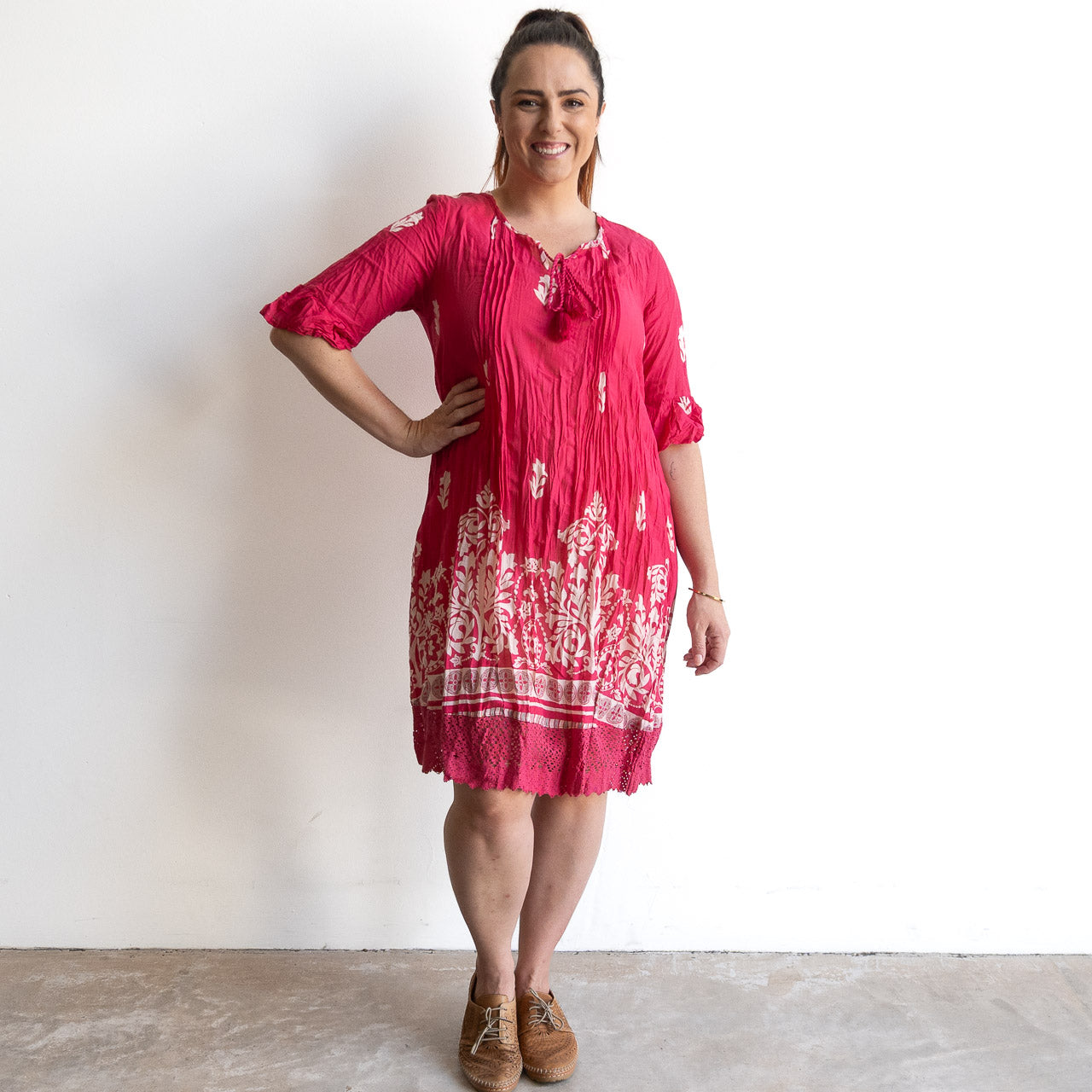 Cotton Lace Hem Tunic Dress - Ornate Pink