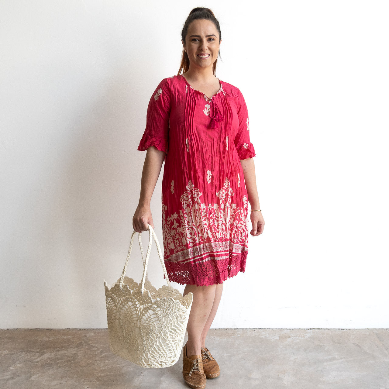 Cotton Lace Hem Tunic Dress - Ornate Pink