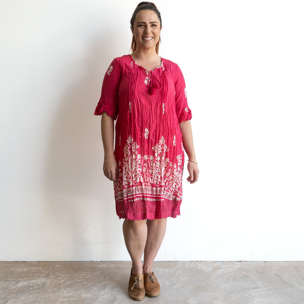 Cotton Lace Hem Tunic Dress - Ornate Pink