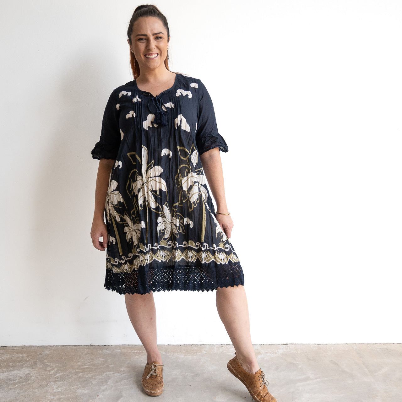 Cotton Lace Hem Tunic Dress - Seaside Navy
