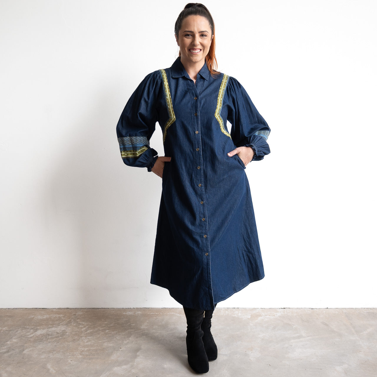 Denim Chambray A-line Shirt Dress by Orientique Australia - Isfahan - 31053
