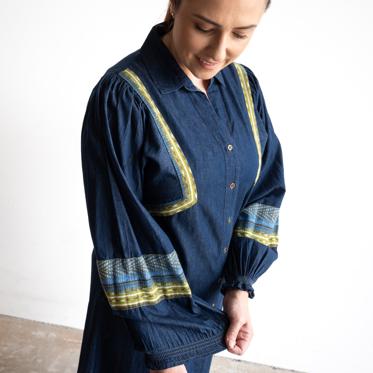 Denim Chambray A-line Shirt Dress by Orientique Australia - Isfahan - 31053