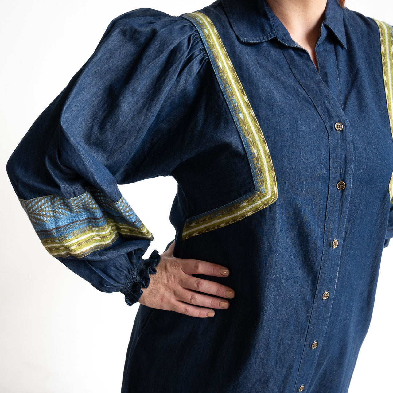 Denim Chambray A-line Shirt Dress by Orientique Australia - Isfahan - 31053