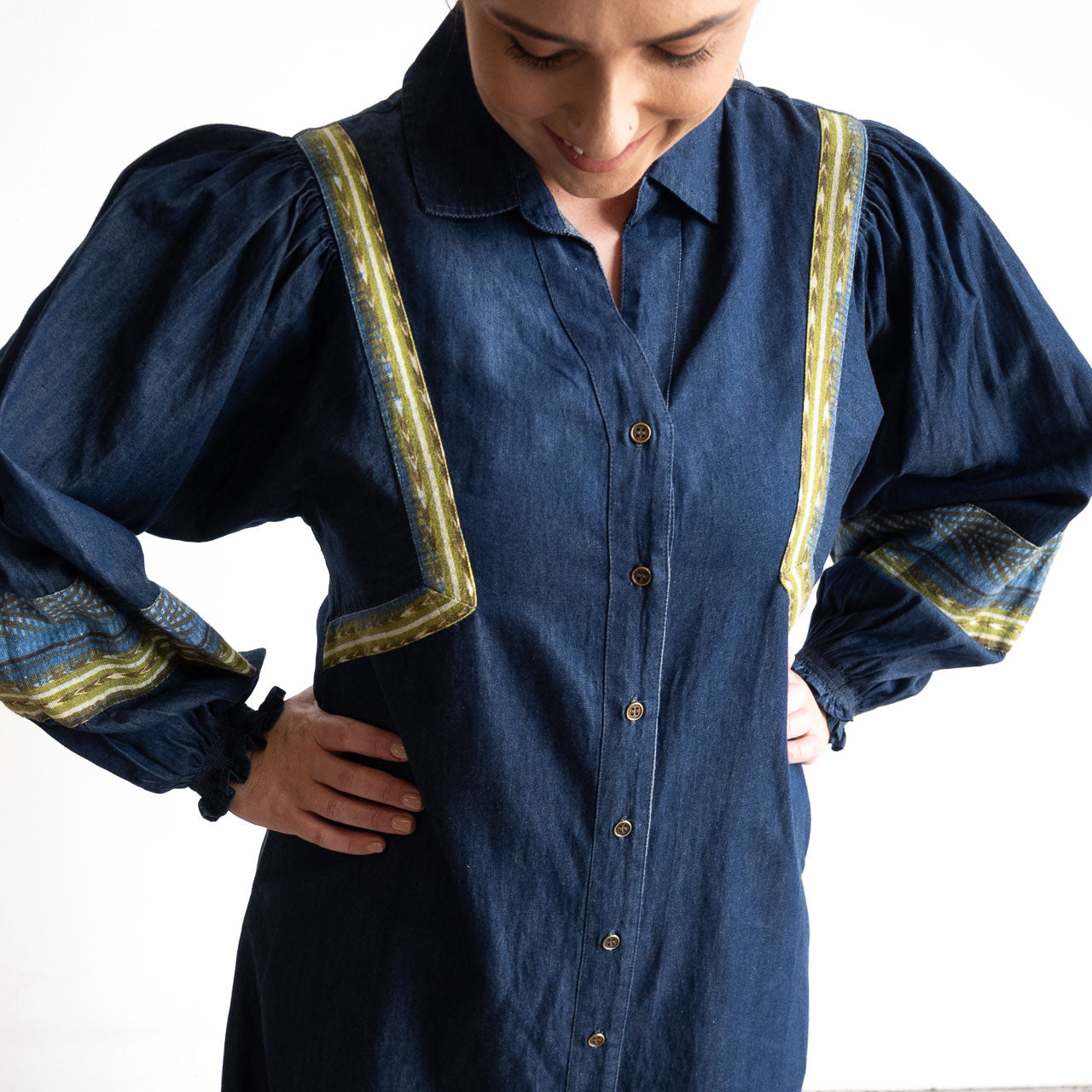 Denim Chambray A-line Shirt Dress by Orientique Australia - Isfahan - 31053