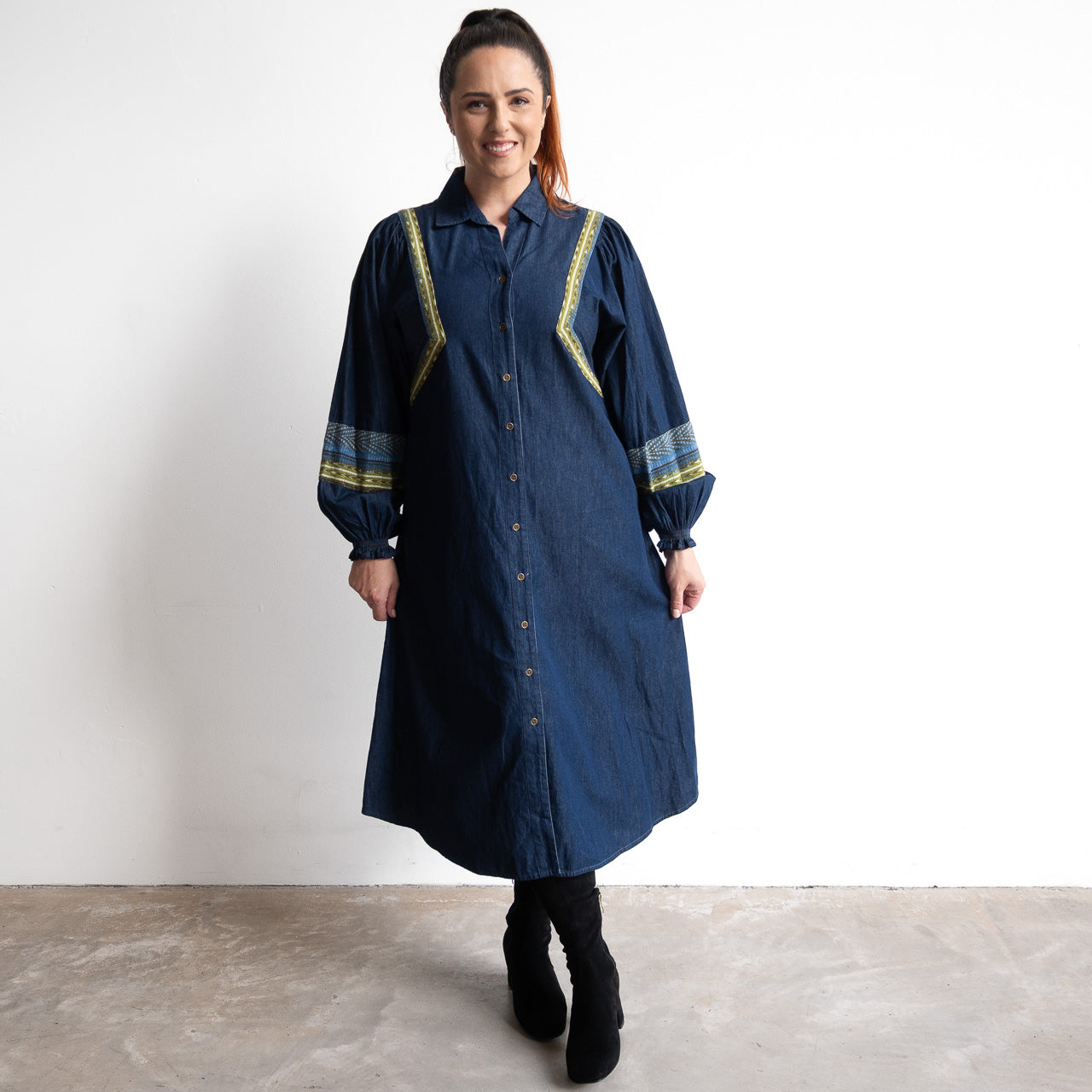 Denim Chambray A-line Shirt Dress by Orientique Australia - Isfahan - 31053