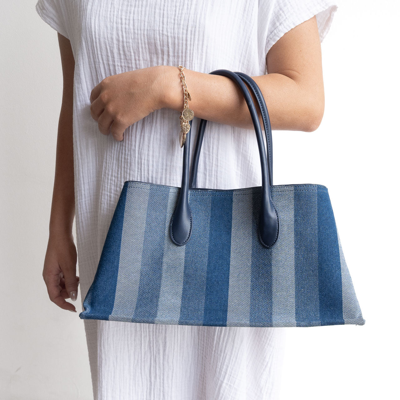 Denim Stripe Canvas Structured Handbag