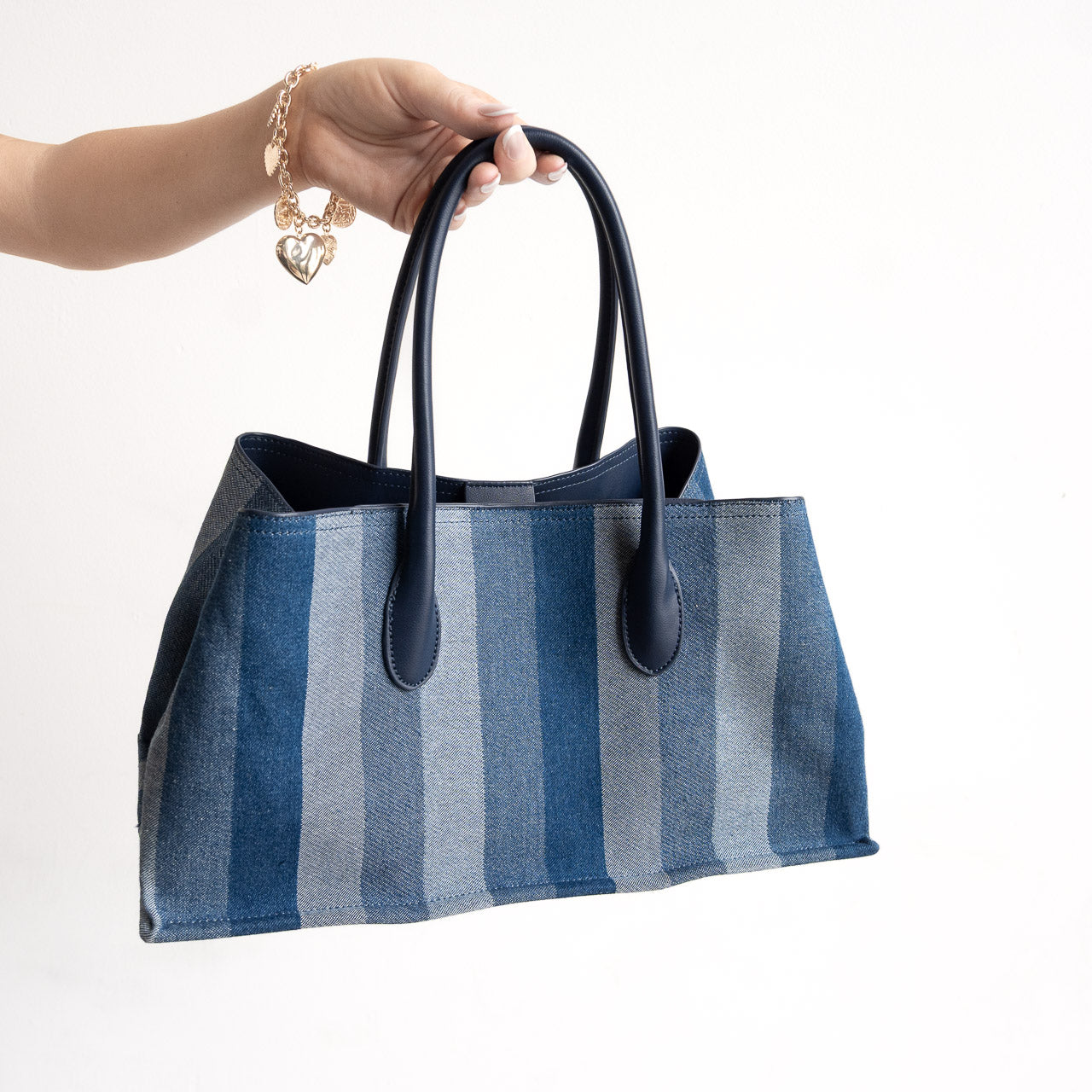 Denim Stripe Canvas Structured Handbag