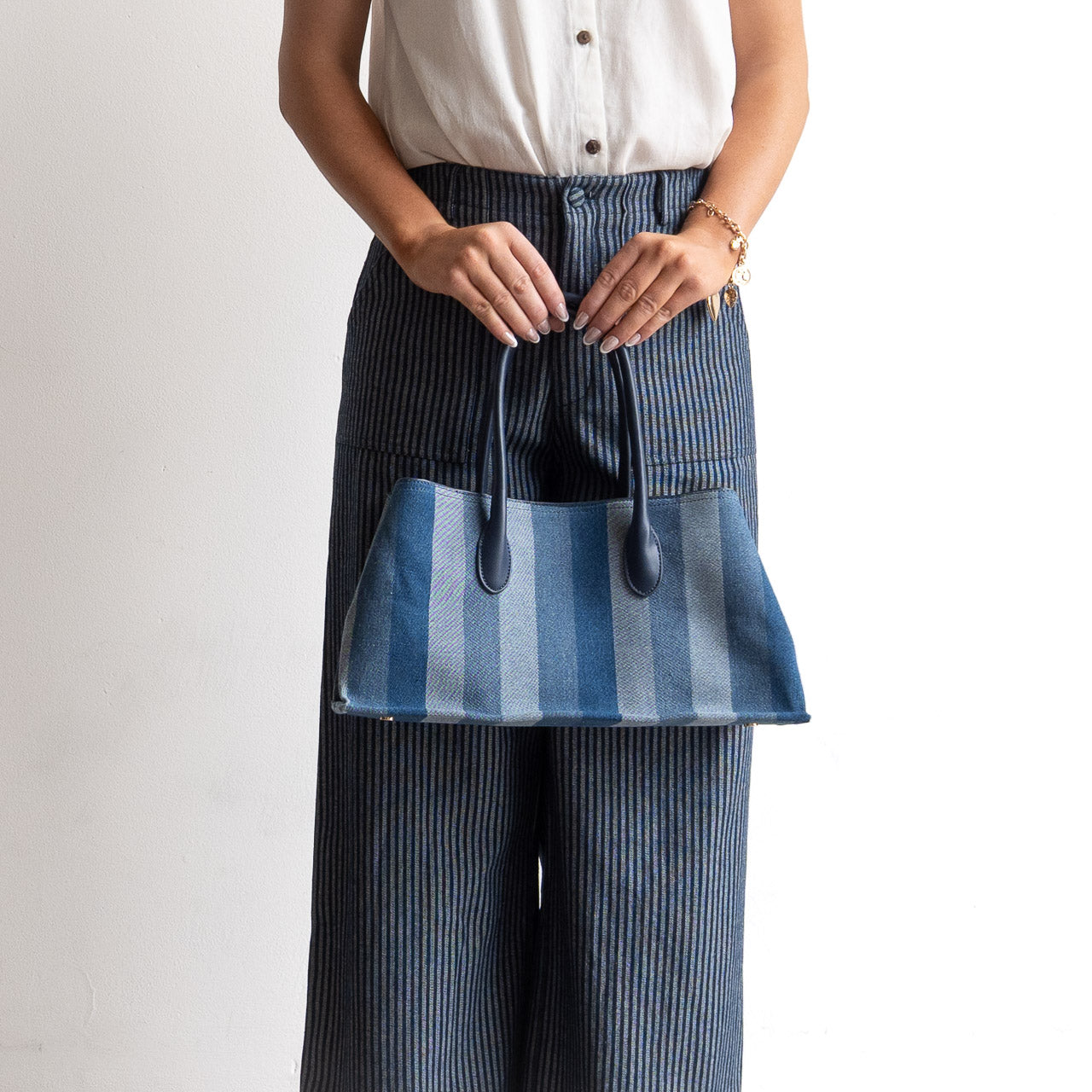 Denim Stripe Canvas Structured Handbag