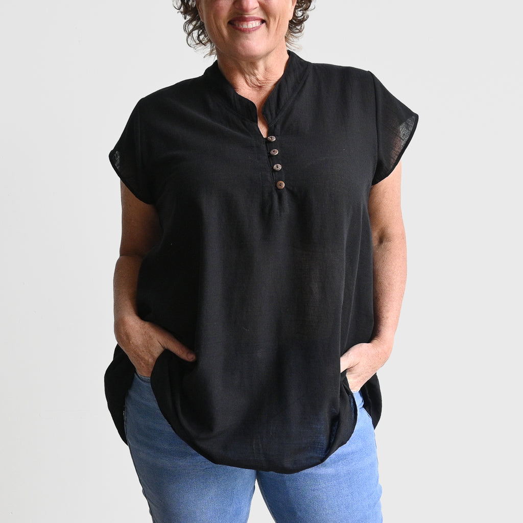 Easy Fit Cotton Cap Sleeve Tunic Top - Black KOBOMO