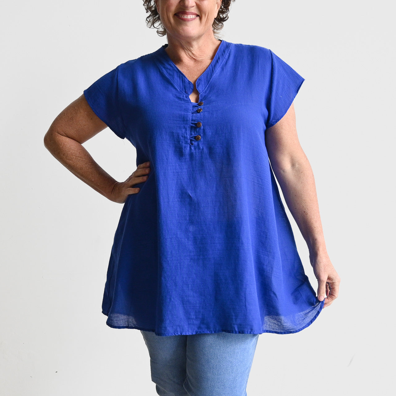 Easy Fit Cotton Cap Sleeve Tunic Top - CobaltBlue KOBOMO