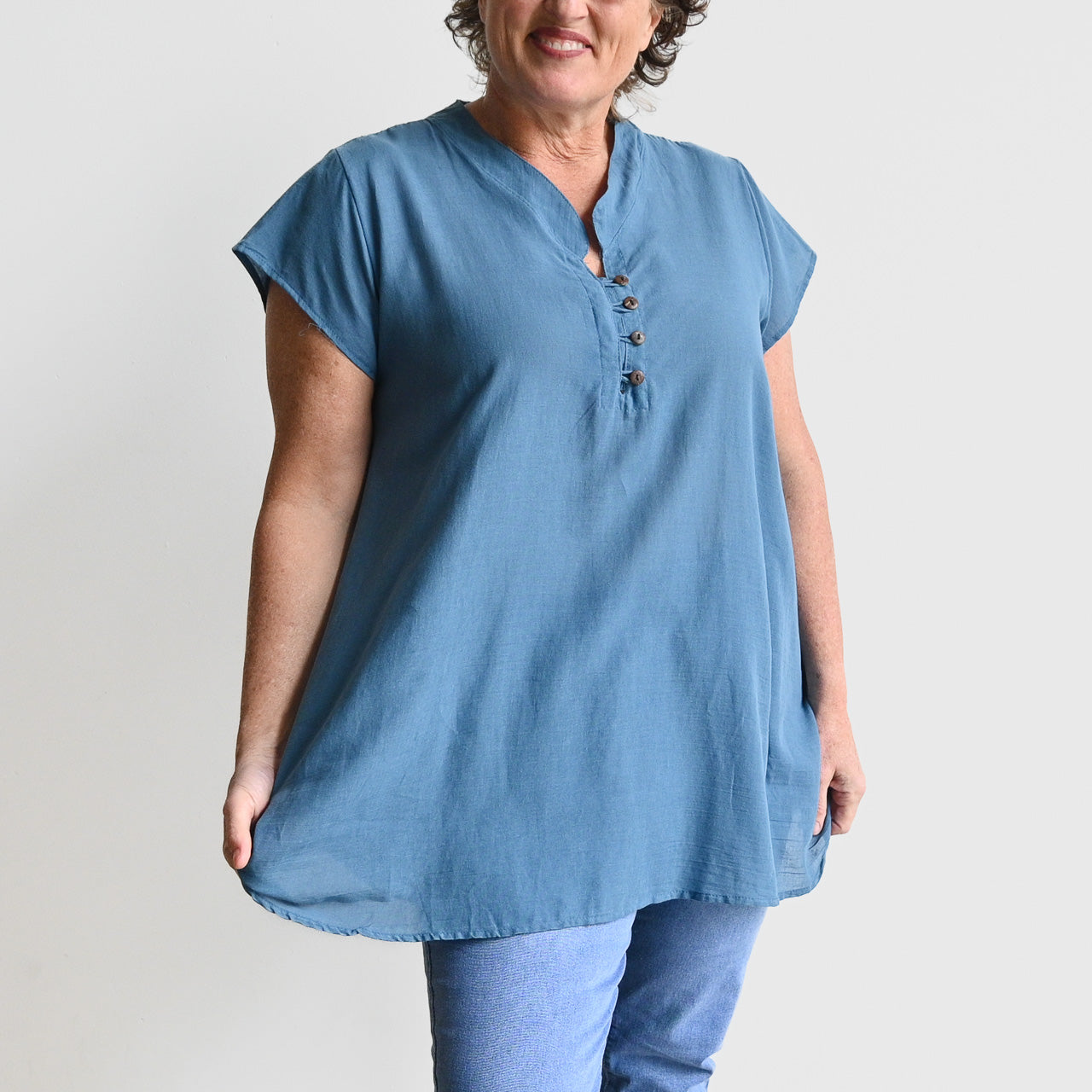 Easy Fit Cotton Cap Sleeve Tunic Top - DenimBlue KOBOMO