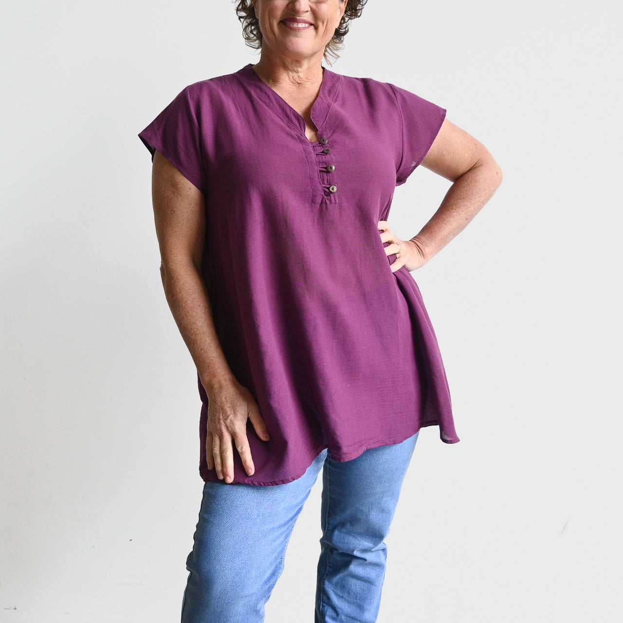 Easy Fit Cotton Cap Sleeve Tunic Top - Grape KOBOMO