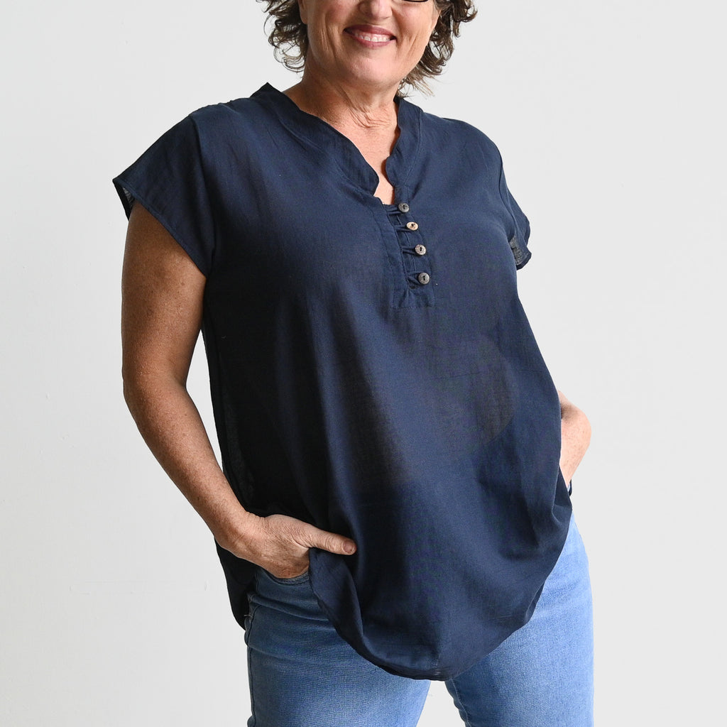 Easy Fit Cotton Cap Sleeve Tunic Top - NavyBlue KOBOMO