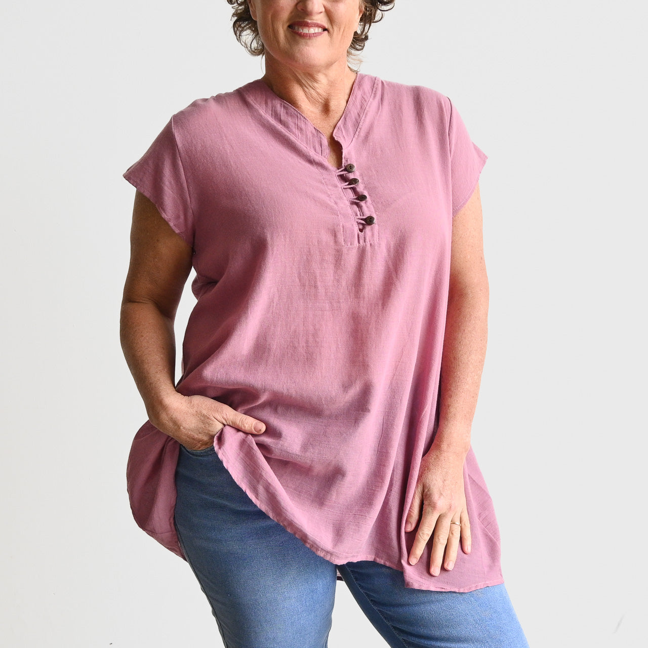 Easy Fit Cotton Cap Sleeve Tunic Top - HeatherPink KOBOMO