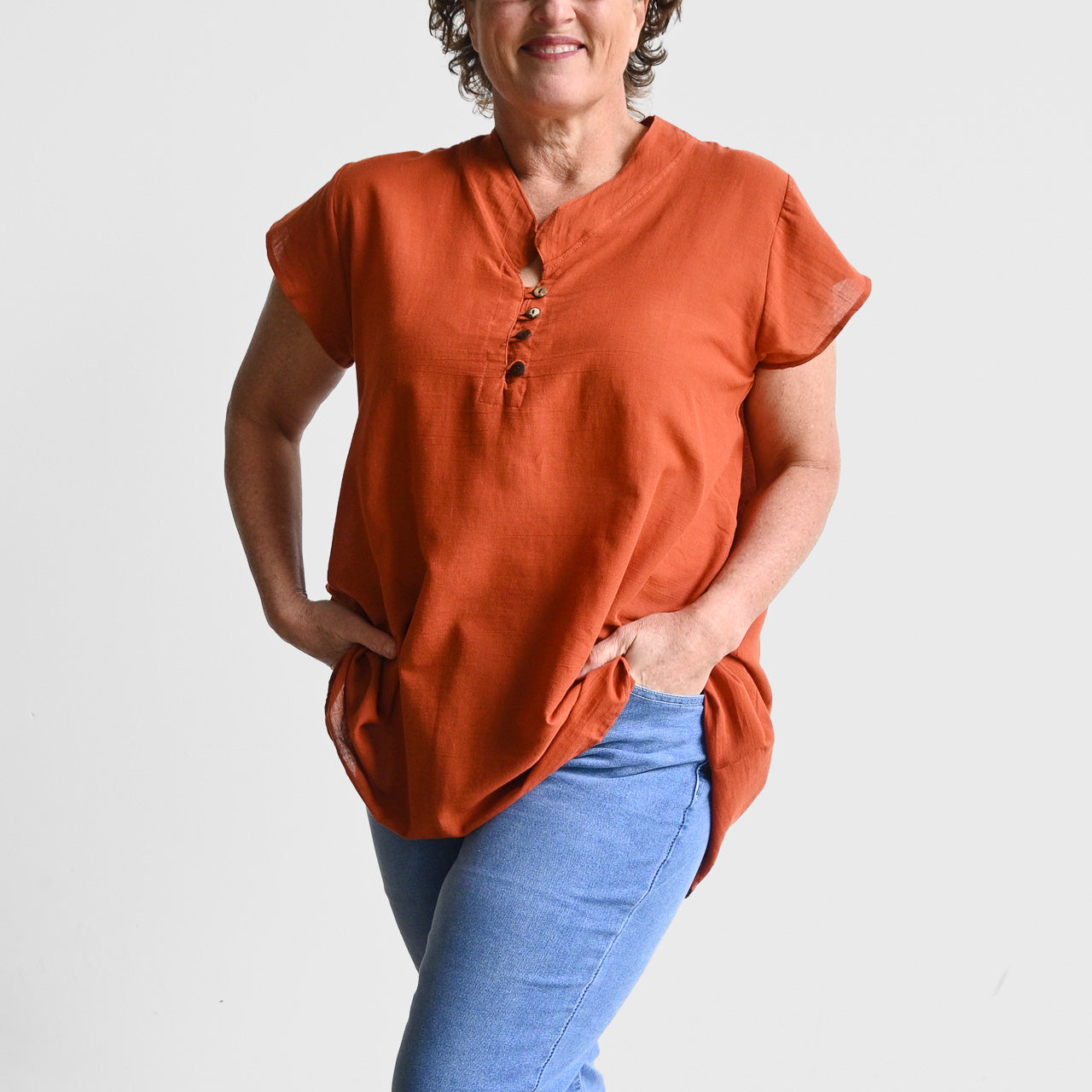 Easy Fit Cotton Cap Sleeve Tunic Top - RustOrange KOBOMO