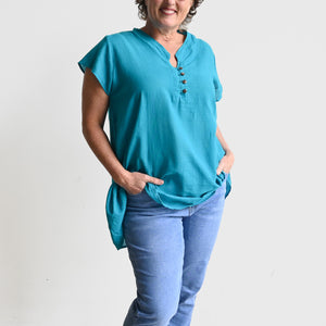 Easy Fit Cotton Cap Sleeve Tunic Top - Teal KOBOMO