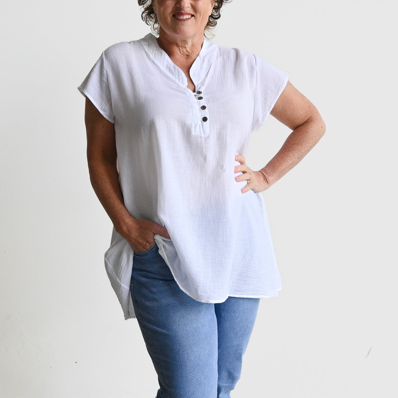 Easy Fit Cotton Cap Sleeve Tunic Top - White KOBOMO