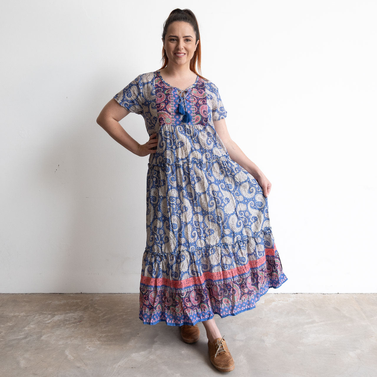 Gathered Cotton Maxi Dress - Cornflower Paisley