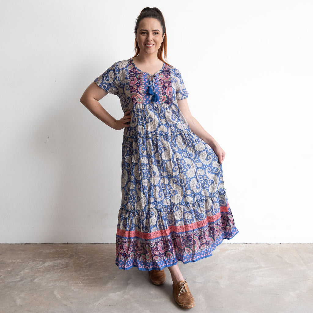 Gathered Cotton Maxi Dress - Cornflower Paisley