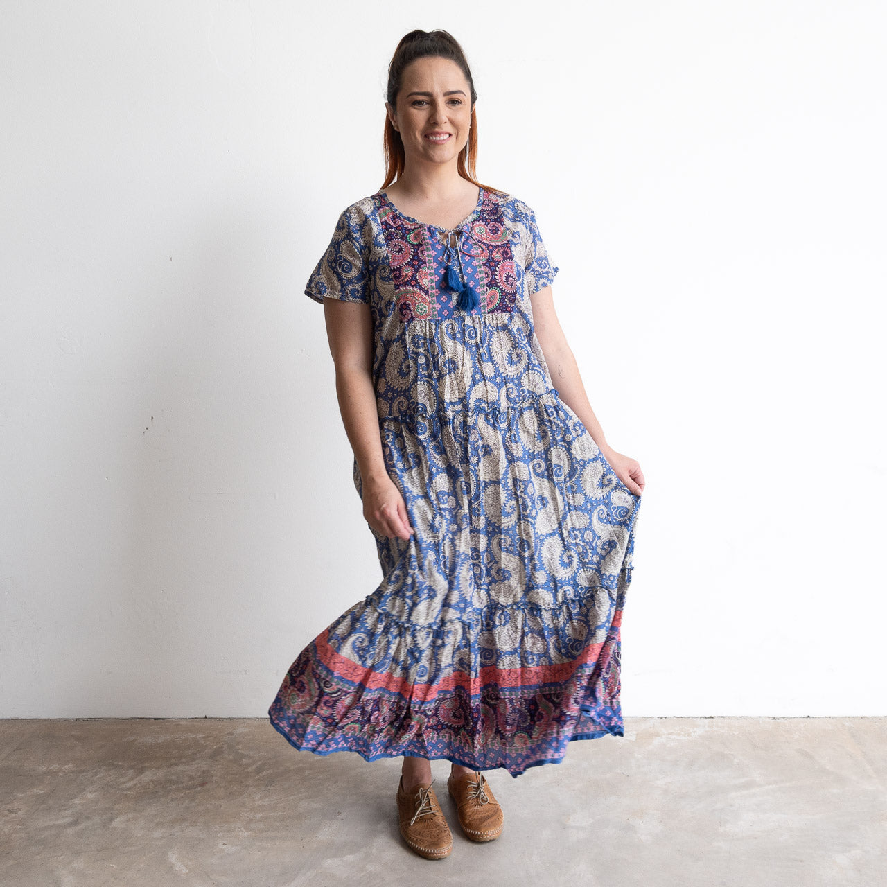 Gathered Cotton Maxi Dress - Cornflower Paisley