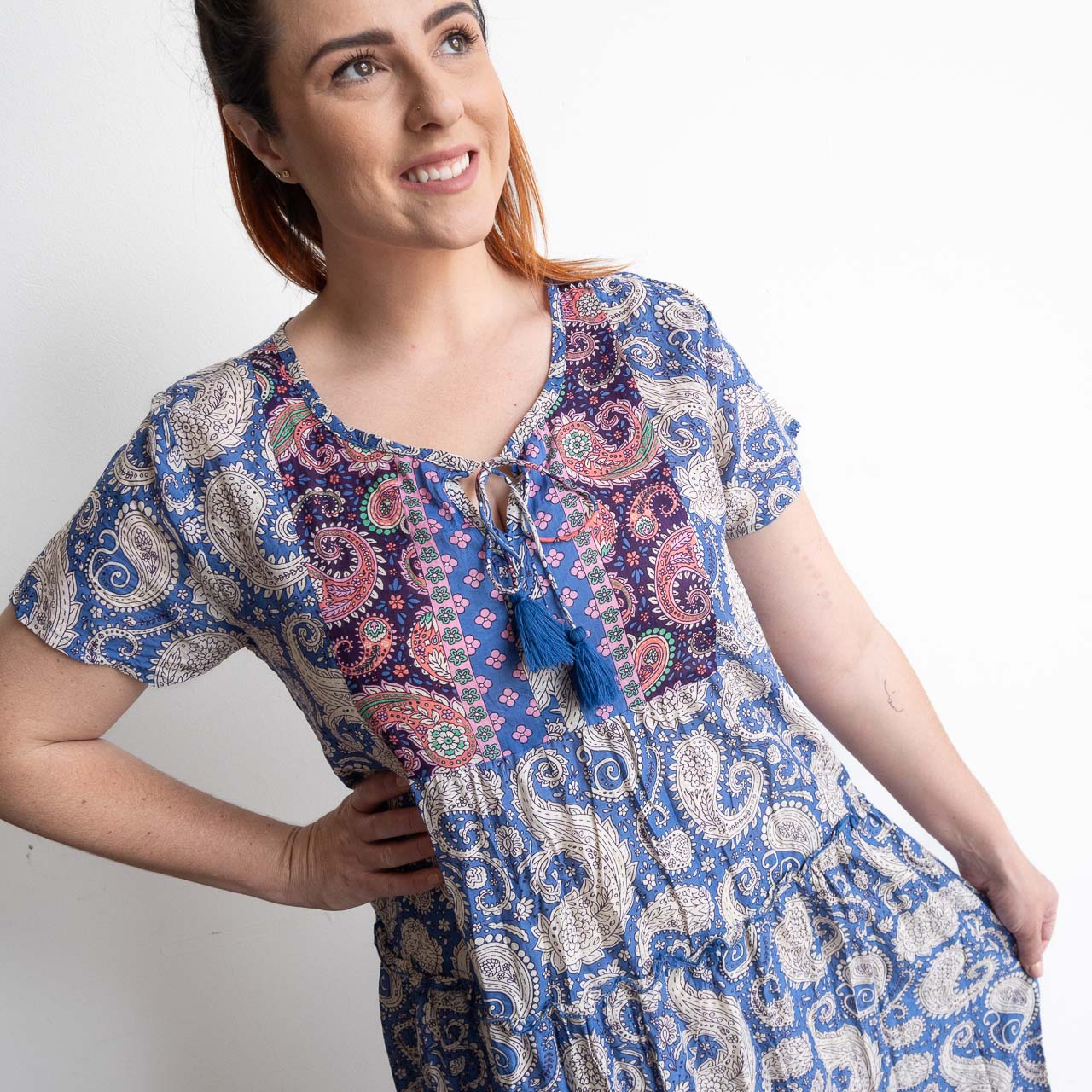 Gathered Cotton Maxi Dress - Cornflower Paisley