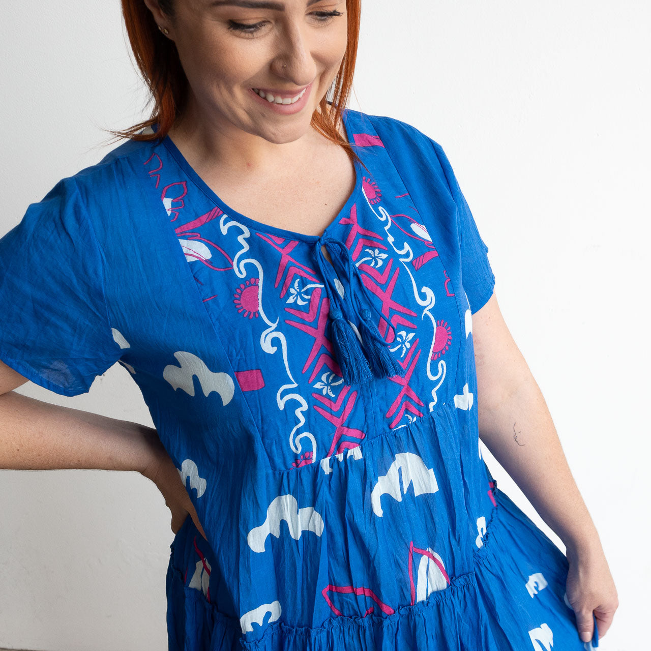 Blue cotton summer maxi dress with white palm threes and magenta pink sketch detail.