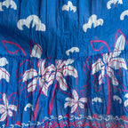 Blue cotton summer maxi dress with white palm threes and magenta pink sketch detail.
