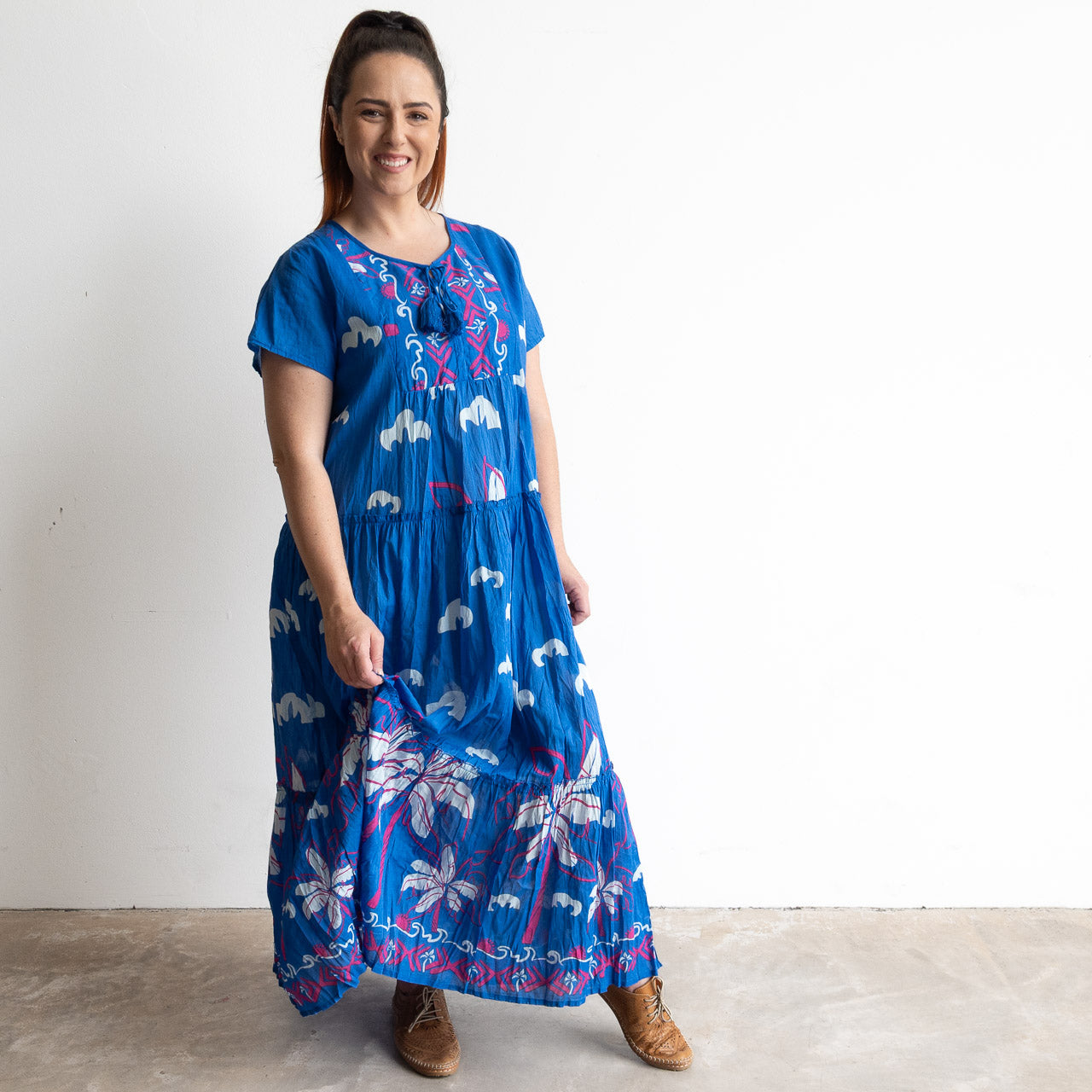 Blue cotton summer maxi dress with white palm threes and magenta pink sketch detail.