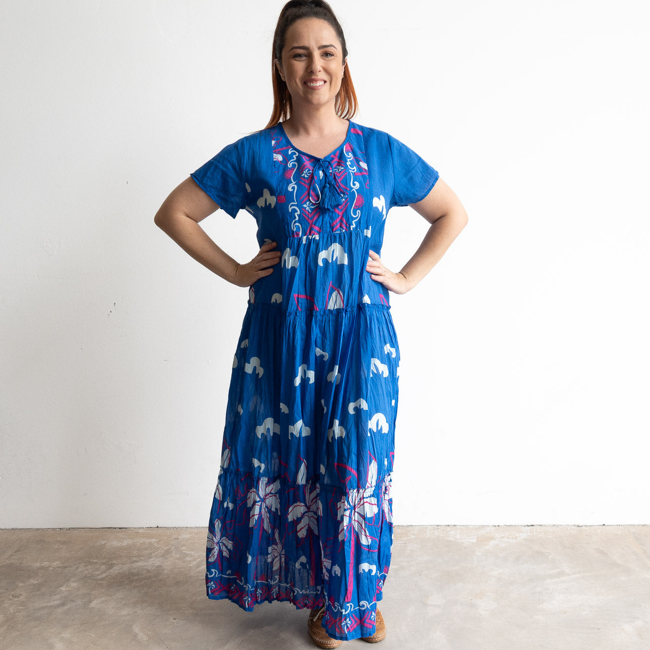 Blue cotton summer maxi dress with white palm threes and magenta pink sketch detail.