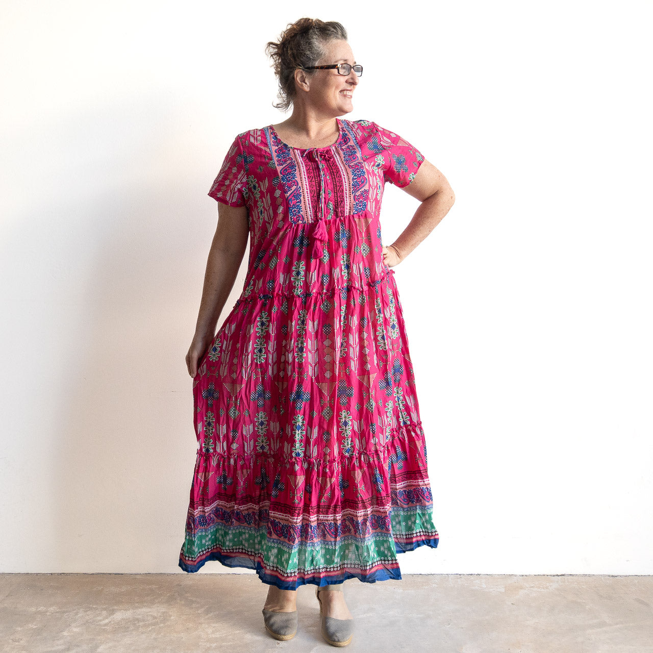 Gathered Cotton Maxi Dress - Aztec Pink