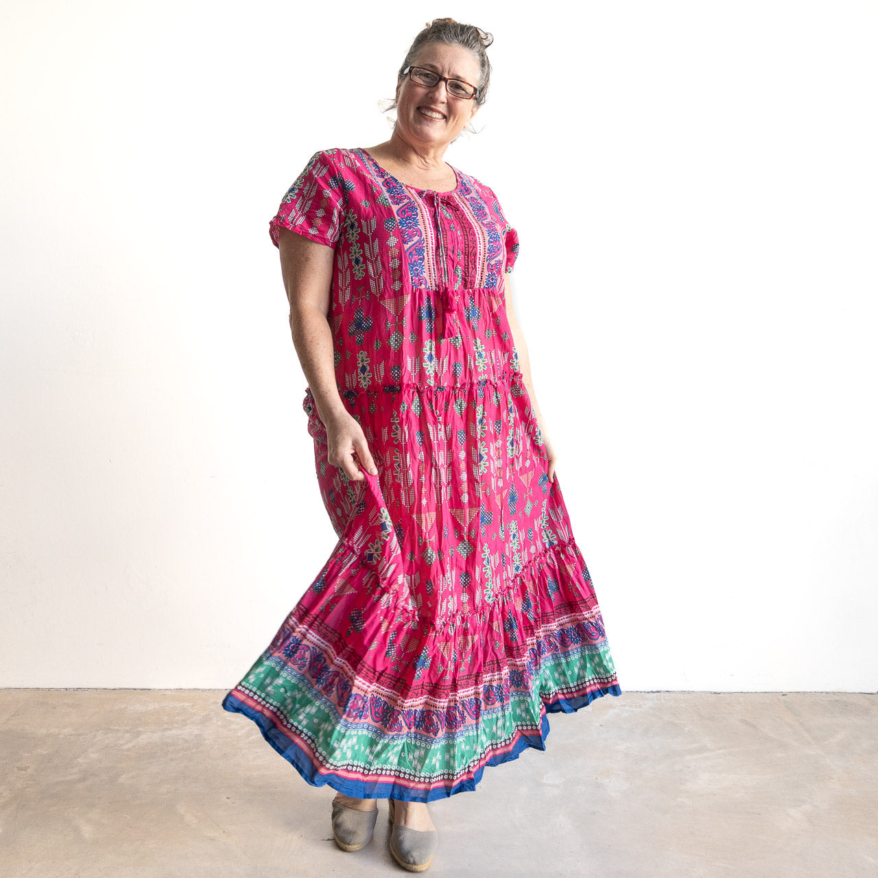 Gathered Cotton Maxi Dress - Aztec Pink