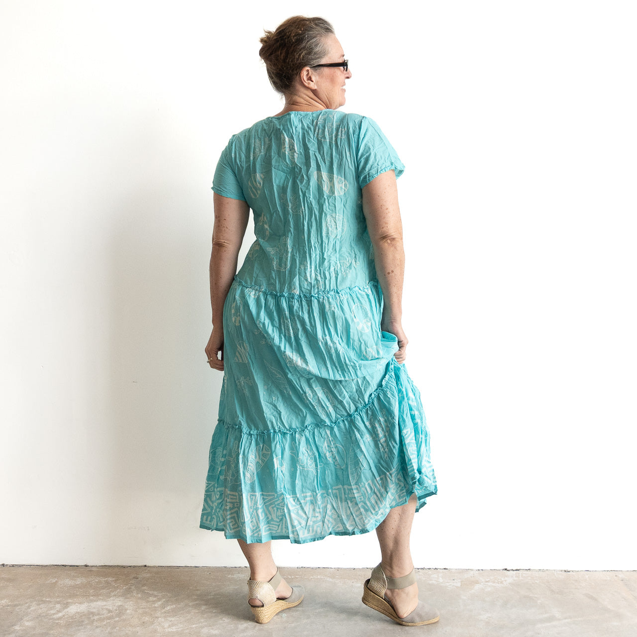 Gathered Cotton Maxi Dress - Coral Border Jade