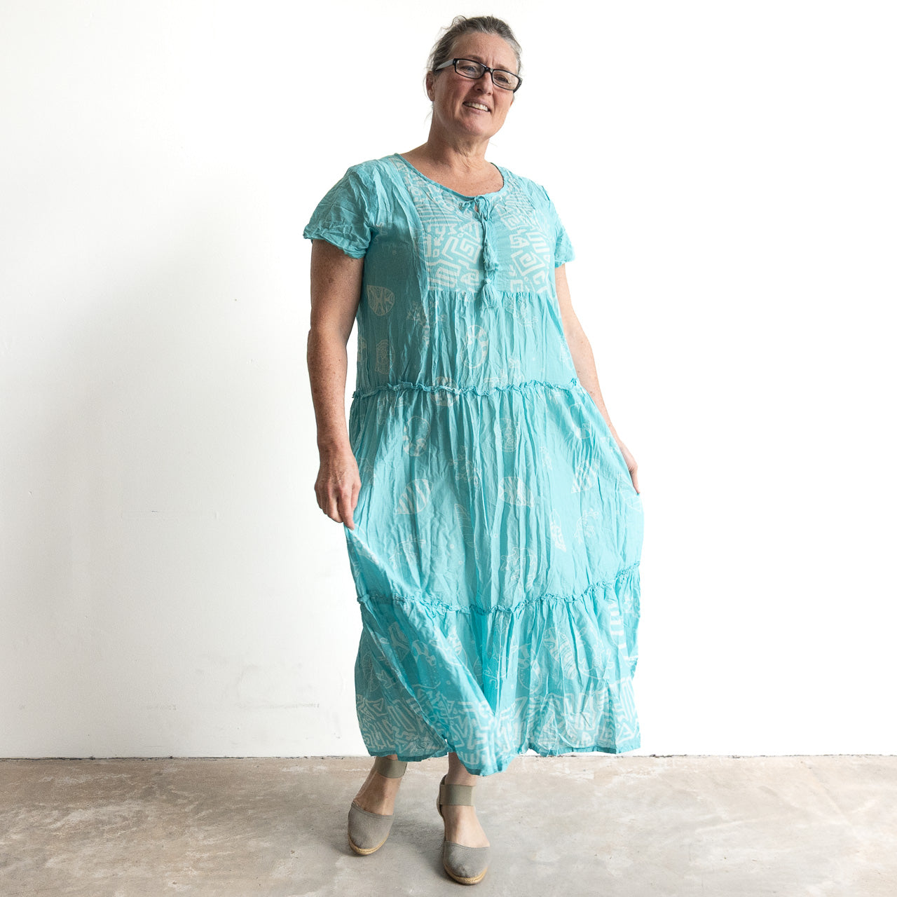 Gathered Cotton Maxi Dress - Coral Border Jade