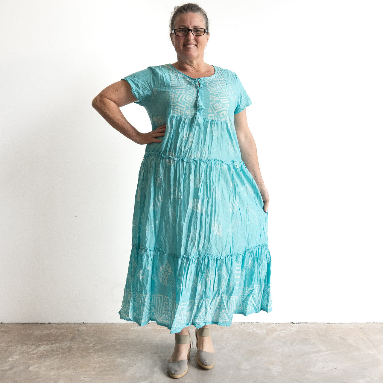 Gathered Cotton Maxi Dress - Coral Border Jade