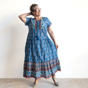 Gathered Cotton Maxi Dress - Gujrat Blue