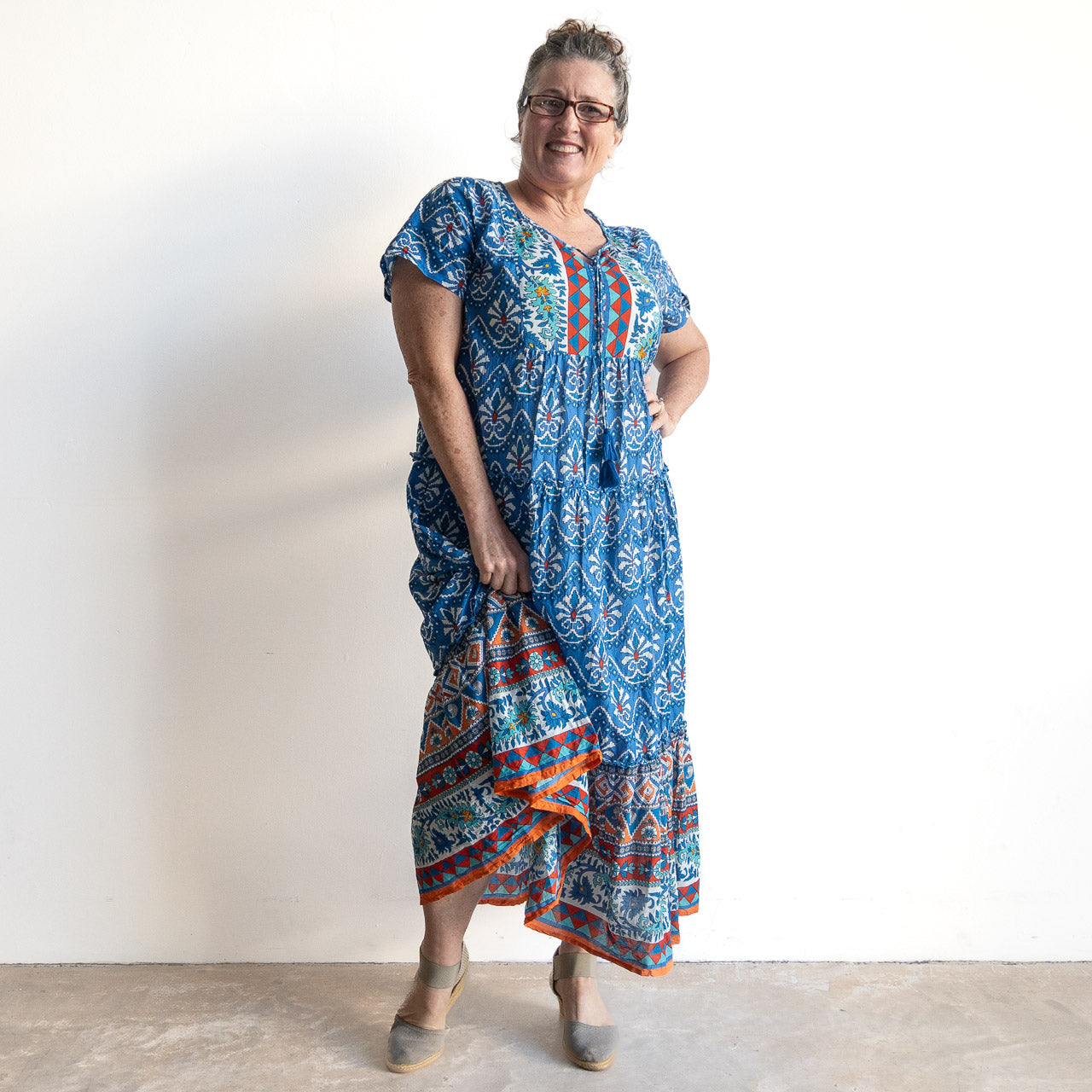 Gathered Cotton Maxi Dress - Gujrat Blue