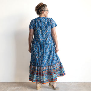 Gathered Cotton Maxi Dress - Gujrat Blue