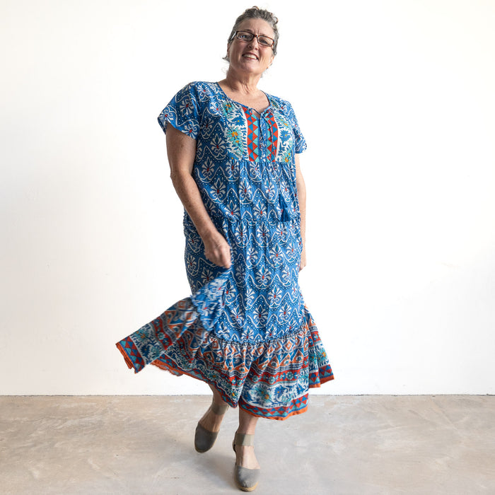 Gathered Cotton Maxi Dress - Gujrat Blue