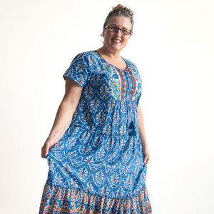 Gathered Cotton Maxi Dress - Gujrat Blue