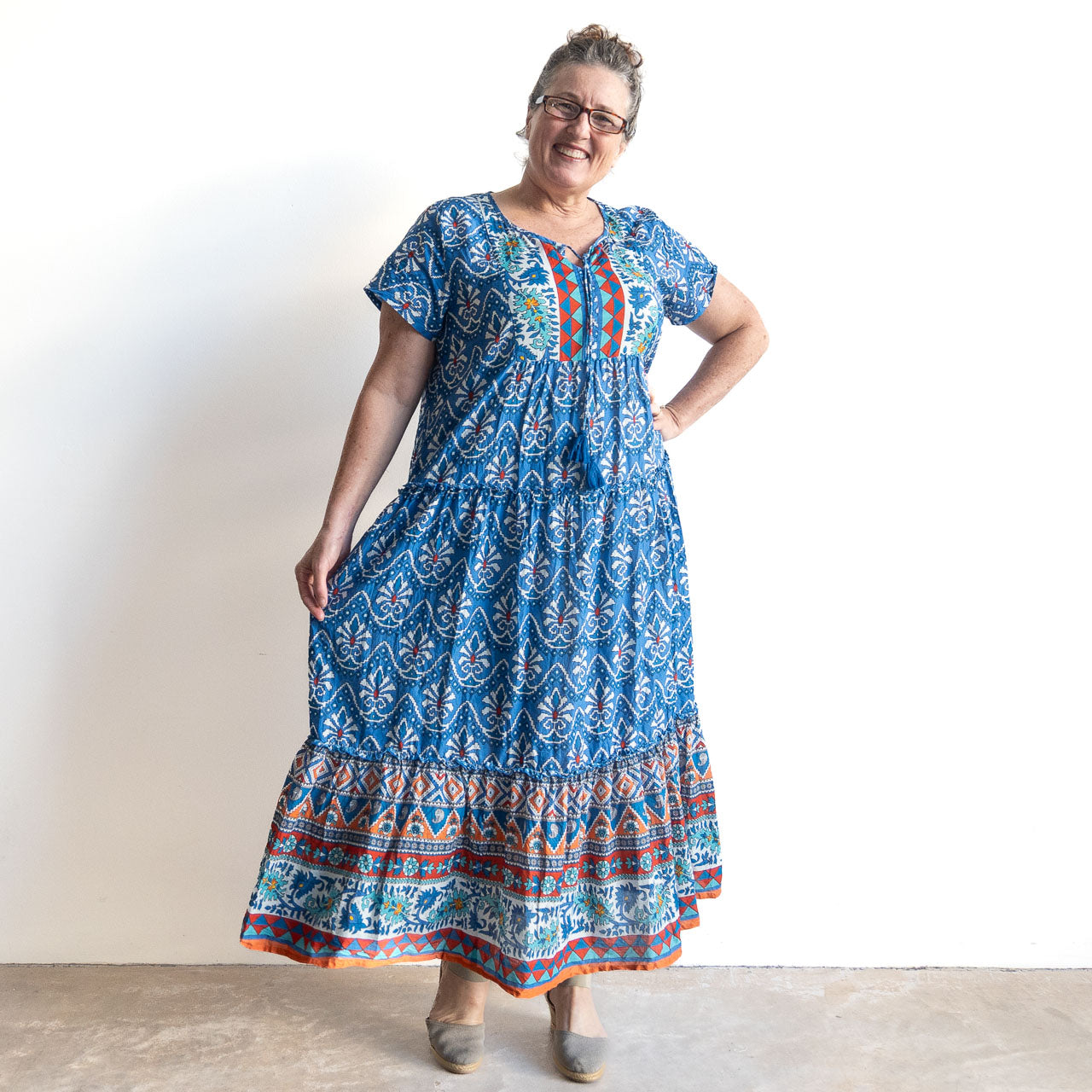 Gathered Cotton Maxi Dress - Gujrat Blue
