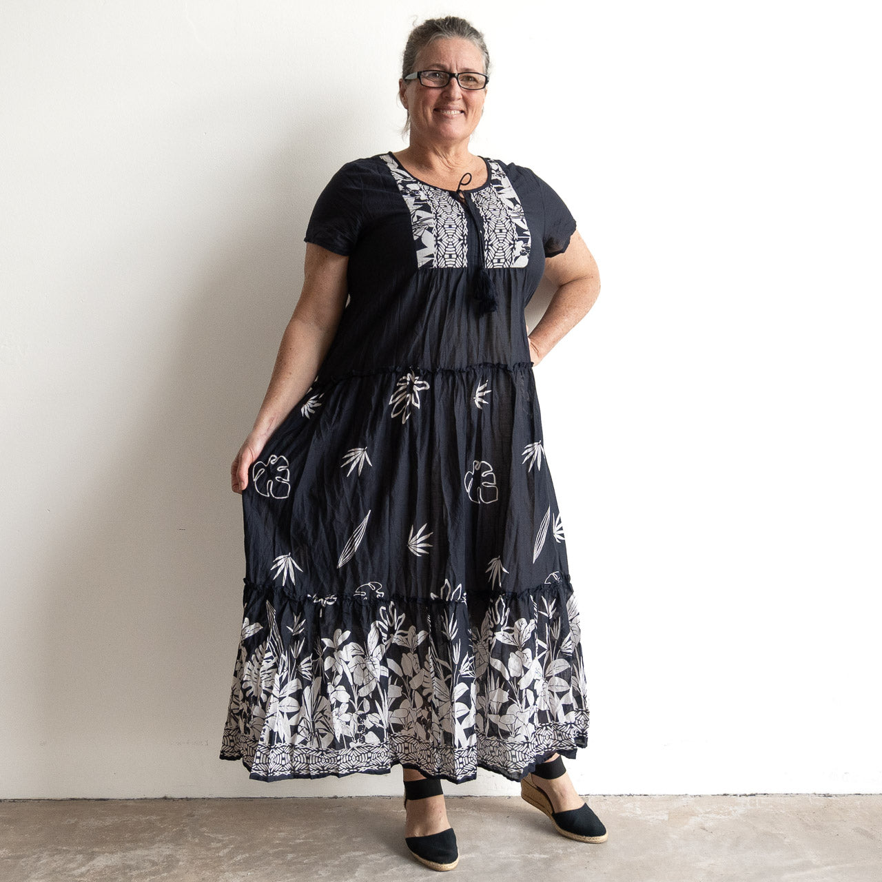Gathered Cotton Maxi Dress - Tropical Border Navy