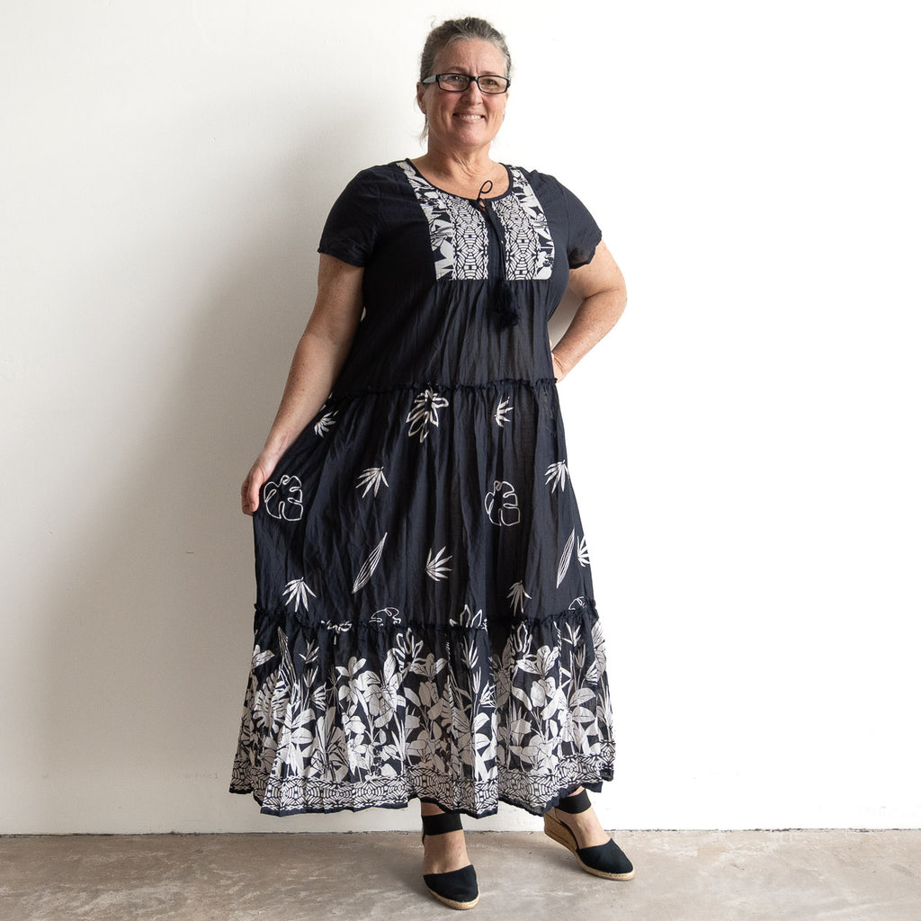 Gathered Cotton Maxi Dress - Tropical Border Navy
