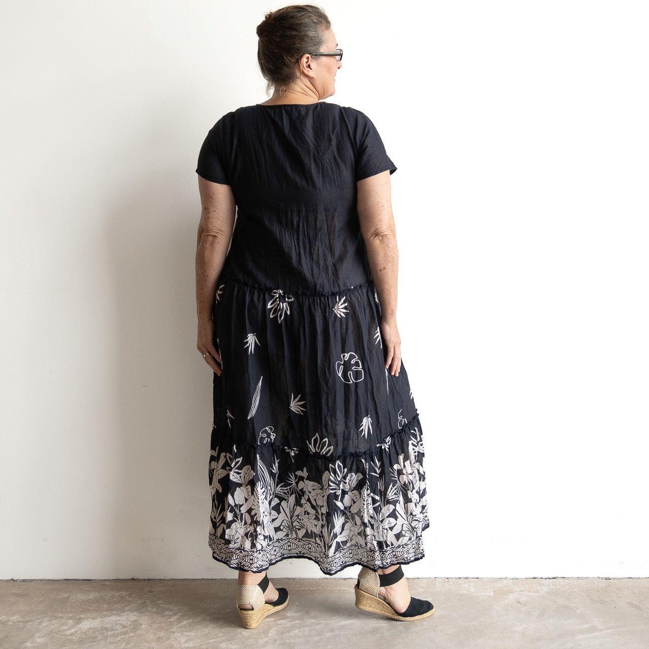 Gathered Cotton Maxi Dress - Tropical Border Navy