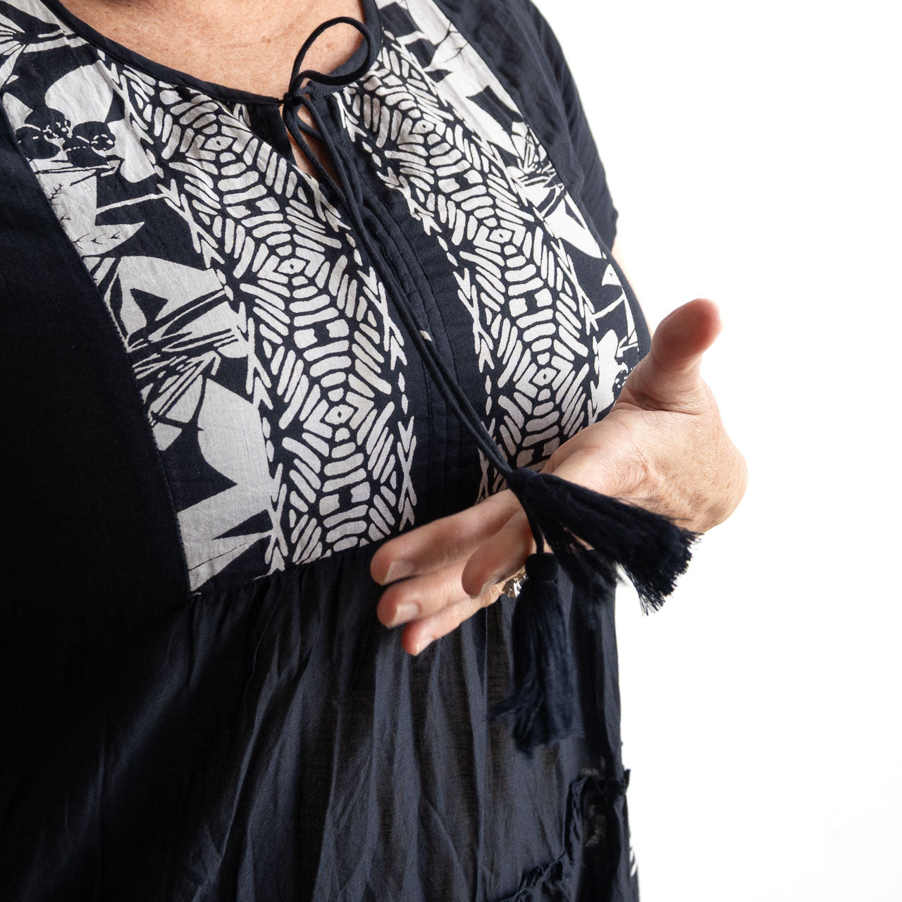 Gathered Cotton Maxi Dress - Tropical Border Navy