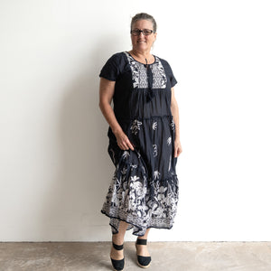 Gathered Cotton Maxi Dress - Tropical Border Navy