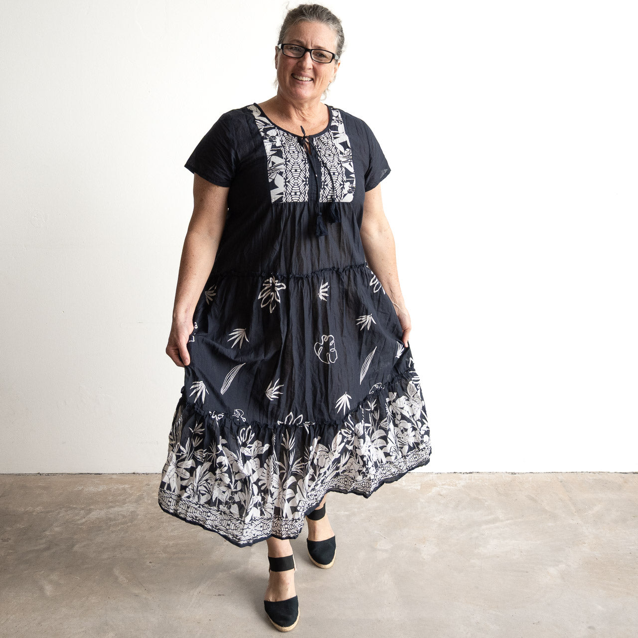 Gathered Cotton Maxi Dress - Tropical Border Navy