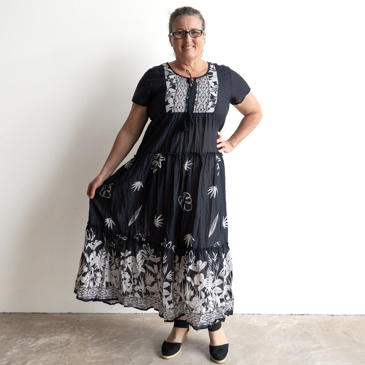 Gathered Cotton Maxi Dress - Tropical Border Navy