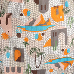 Cotton Summer Smock Dress with illustrated print of Greek palms, cacti and terracotta houses