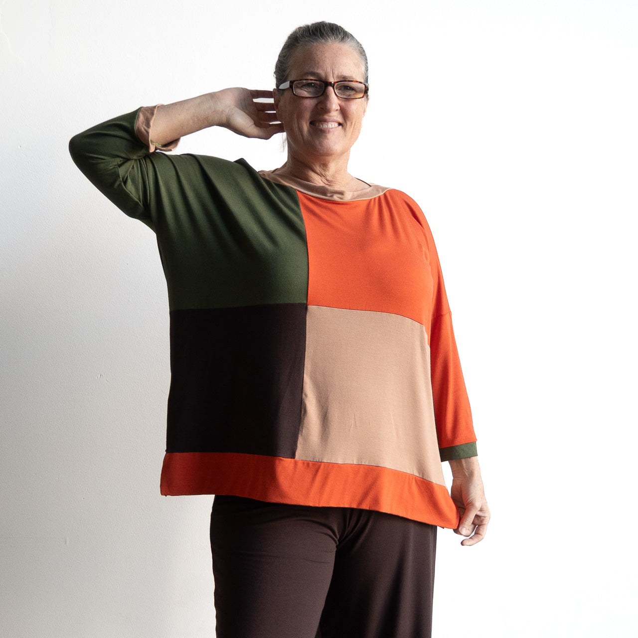 Just Wow Boat Neck Top in Bamboo by KOBOMO - Colour Block